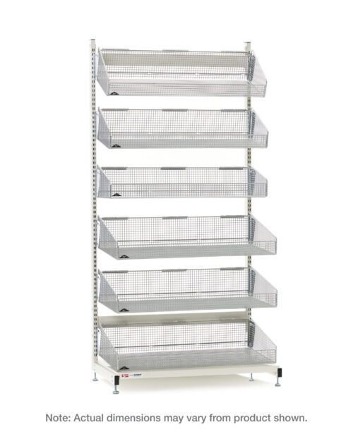 The Metro QB118-S6 qwikSIGHT Stationary Single-Sided 6-Basket Shelving Unit features tall, metal construction with 18 L slanted wire basket shelves and adjustable feet. Theres a note stating that actual dimensions might differ from whats shown.
