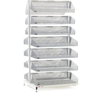 A tall shelving unit with slanted wire baskets, ideal for storage or display, featuring an adjustable rack on one side. Note: dimensions may vary from the Metro QB218-S14A qwikSIGHT Double-Sided 14-Basket Shelving Add-On Unit, 18 L.