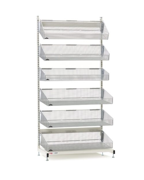 btytiq70oe9j5zmm5469bf07p47v6tkr.jpg A tall, silver Metro QB136-S6 qwikSIGHT Shelving Unit, 36 L, comes with adjustable shelves for storage or display. Featuring seven angled wire mesh baskets and a sturdy frame on adjustable feet.