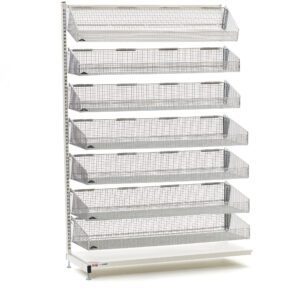 The white metal display rack, with six forward-tilted mesh shelves stacked vertically, includes a note mentioning potential size variances. Its similar to the Metro QB118-S7A qwikSIGHT Stationary Single-Sided 7-Basket Shelving Add-On Unit, 18 L.
