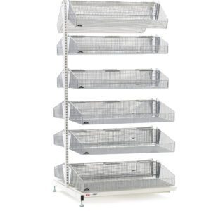 The Metro QB248-S12A qwikSIGHT Double-Sided Shelving Add-On Unit, 48 L, has six tiers with metal mesh and rectangular baskets on each level supported by a vertical white frame; dimensions might vary. It is shown isolated on a white background.