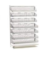 The Metro QB148-S7A 48 L qwikSIGHT Single-Sided 7-Basket Shelving Add-On Unit stands tall with its minimalist design, featuring seven metal mesh shelves. This white display rack provides a sturdy base and an elegant look against a plain white background.