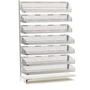 The Metro QB148-S7A 48 L qwikSIGHT Single-Sided 7-Basket Shelving Add-On Unit stands tall with its minimalist design, featuring seven metal mesh shelves. This white display rack provides a sturdy base and an elegant look against a plain white background.