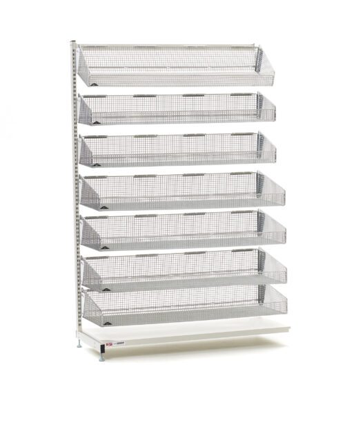 The Metro QB148-S7A 48 L qwikSIGHT Single-Sided 7-Basket Shelving Add-On Unit stands tall with its minimalist design, featuring seven metal mesh shelves. This white display rack provides a sturdy base and an elegant look against a plain white background.