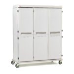 The Metro SXRT76MXD4 Starsys XD Extra Deep Mobile Supply Cabinet is a spacious, white triple-wide unit on wheels with metal handles and solid, non-locking doors, featuring a sleek modern design ideal for easy-access storage.