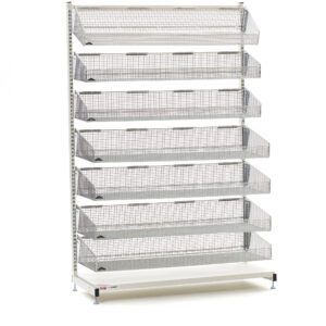 The Metro QB148-S7 qwikSIGHT 7-Basket Shelving Unit is a tall, white unit with eight angled mesh shelves, perfect for storage or display. Its minimalist design includes adjustable feet and measures 48 L for versatile placement.