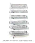 Discover the Metro QB218-S12A qwikSIGHT Shelving Add-On Unit, featuring six tiers of 12 wire baskets in a double-sided grid design. With an 18 L configuration, it includes a central vertical pole on a rectangular base with adjustable feet. Dimensions may vary.