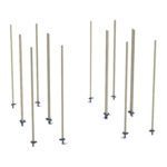 Illustration of various heights of epoxy-coated steel posts from the Metro LBTEQ3 qwikTRAK Stationary End Unit Kit for MetroMax Shelving, vertically arranged with scattered small bases and connected by black joints on a white background.