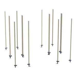 Illustration of various heights of epoxy-coated steel posts from the Metro LBTEQ3 qwikTRAK Stationary End Unit Kit for MetroMax Shelving, vertically arranged with scattered small bases and connected by black joints on a white background.
