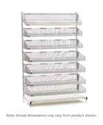 The Metro QB118-S7 qwikSIGHT is an 18 L stationary single-sided shelving unit with a tall white metal frame and seven vertically stacked wire mesh baskets. Note: Actual dimensions may vary from product shown.