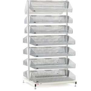 The Metro QB248-S14 qwikSIGHT Shelving Unit features six angled wire mesh baskets for easy access and a sleek white frame. It meets organizing needs up to 48 L, but note that dimensions may differ from the product shown.