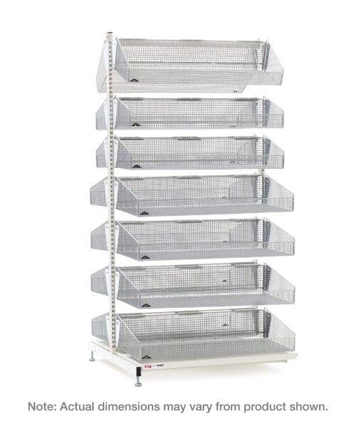 The product resembles a tall, freestanding metal shelving unit with seven vertically stacked mesh baskets and an adjustable framework with small wheels, similar to the Metro QB248-S14A qwikSIGHT Stationary Double-Sided 14-Basket Shelving Add-On Unit. Actual dimensions may vary.