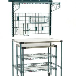 The Metro SMSPM2436 SmartWall/Super Erecta Prep Station with Undercounter Mobile Prep Cart offers convenience and efficiency, featuring three wire shelves, a tabletop, a top metal grid for organization, and four wheels for easy mobility.