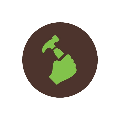 A green silhouette of a hand holding a hammer, centered within a dark circle on a transparent background.