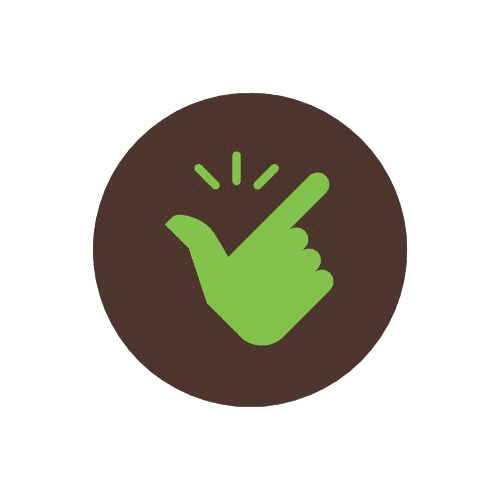 A green hand making a snapping gesture with motion lines above the fingers is set against a dark brown circular background, reminiscent of organizing tools like rivet shelving for optimal storage applications.