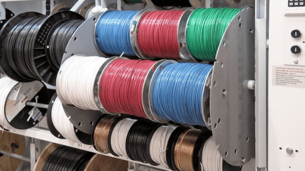 Spools of wire in various colors, including green, red, blue, white, black, and brown, are neatly arranged on a rack. This wire management system with a metal frame is part of a comprehensive storage solution. Labels are visible on the side for easy identification.