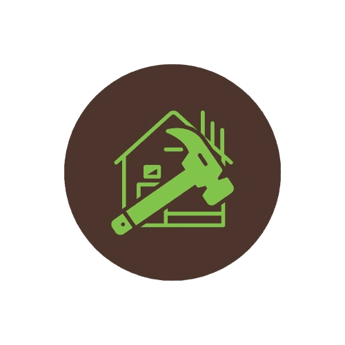 A green icon on a black circle background depicts a house with a hammer crossing diagonally in front, hinting at themes of home improvement or construction, while also suggesting efficient space-saving storage solutions like rivet shelving for better organization.