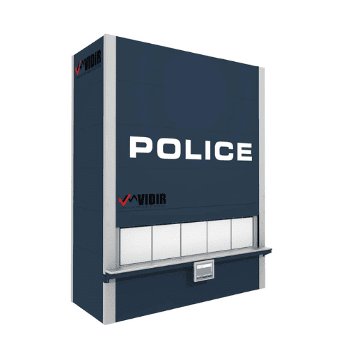 Elevated automated storage system with the word POLICE in bold white letters across the front. The unit is primarily dark blue with a small logo reading VIDIR on the upper left. A horizontal panel is located at the base.