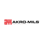 The logo of Akro-Mils includes a red graphic suggesting mobile shelving on the left, with AKRO-MILS in bold black to the right. Beneath it, A Myers Industries Company is displayed in smaller font, echoing their focus on hospital supplies storage solutions.