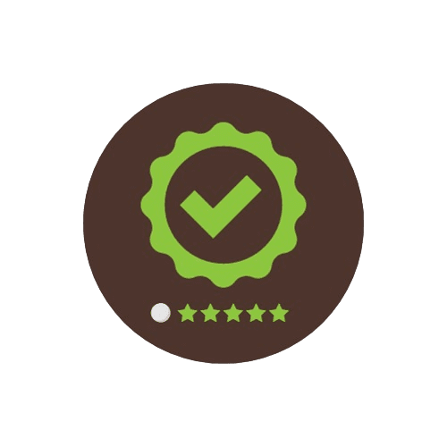 A green checkmark inside a scalloped circle on a brown background, with five green stars below, evokes the assurance of security. The small white dot to the left is reminiscent of stainless steels enduring brilliance.