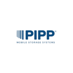 Logo of PIPP Mobile Storage Systems, featuring PIPP in bold blue letters, followed by MOBILE STORAGE SYSTEMS in smaller blue font. On the left, three horizontal blue lines of increasing length represent their expertise in inventory organization and space management solutions.