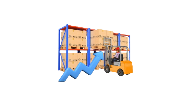 A forklift lifts a box onto a catwalk shelving system filled with stacked boxes. A rising blue arrow overlays the image, symbolizing growth in logistics or improving your bottom line. The background is transparent, signaling readiness to transform your storage space effectively.