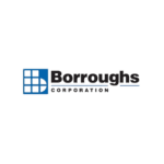Logo of Borroughs Corporation. It showcases a blue, stylized graphic resembling storage shelves on the left, symbolizing their expertise in space management solutions, with Borroughs Corporation written in black text to the right.