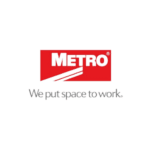 The image features a red rectangular logo with the word METRO in white capital letters. Below the logo is the tagline We put space to work. As an expert in space management solutions, METRO focuses on optimizing every inch of your space. The background is transparent.
