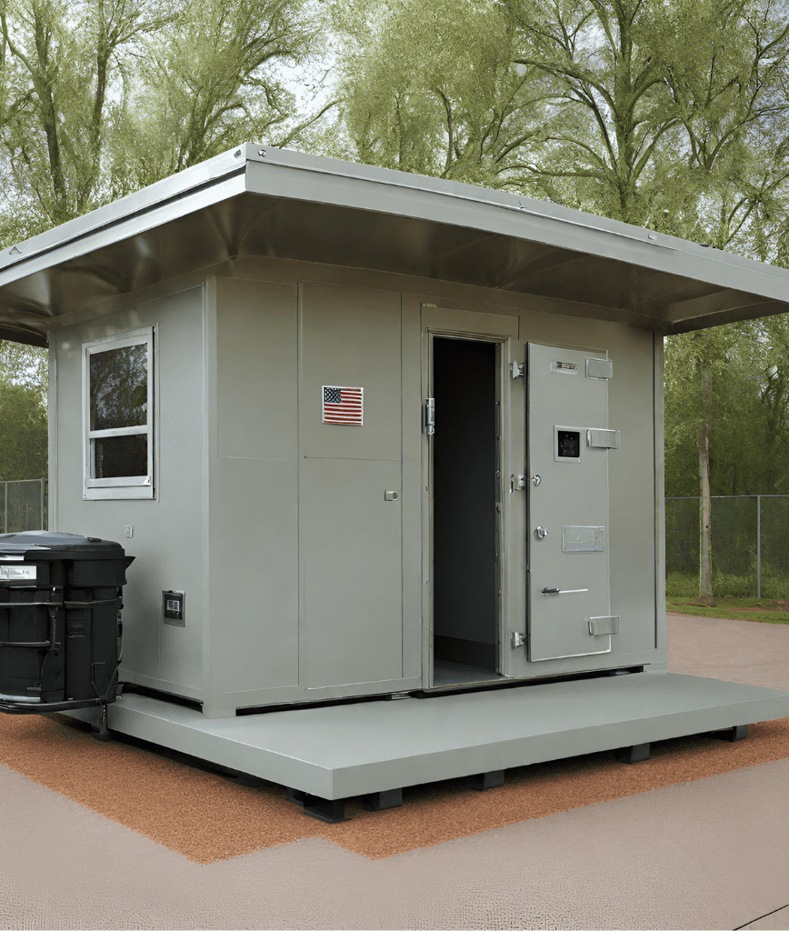 A small, rectangular, metallic gray shelter with an American flag on the left. It has a door ajar and a window on the side. Positioned on a platform, theres a trash can nearby. Surrounded by trees and a fenced area.