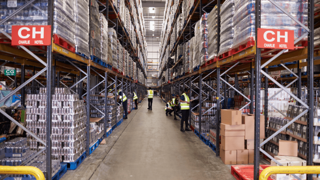 Wide-angle view of a warehouse aisle lined with boltless shelving and tall shelves filled with boxes and packages. Workers in yellow safety vests organize and inspect items. Overhead, fluorescent lights illuminate this cost-effective storage solution scene.