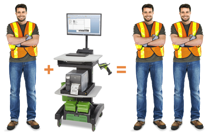 A worker in an orange safety vest and jeans stands with arms crossed beside a mobile workstation equipped with a computer and printer. On the right, two identical workers stand, illustrating the efficiency of storage solutions that equate one workstation to the productivity of two workers.