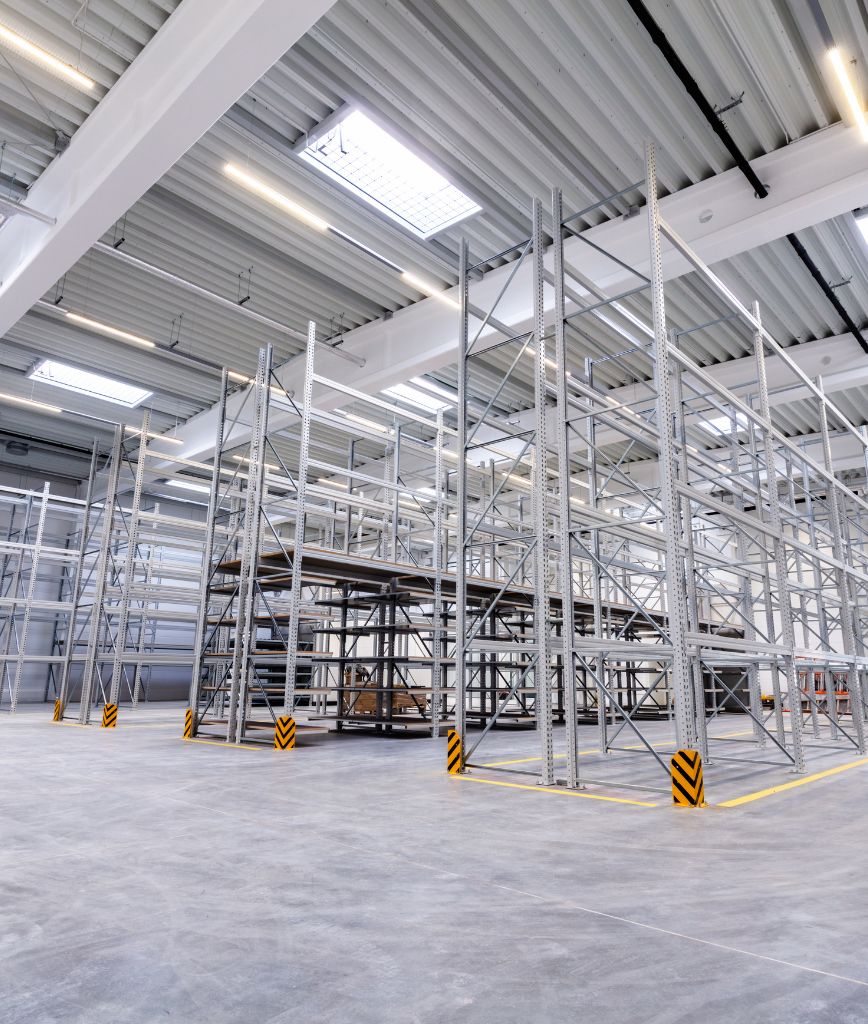 The empty warehouse interior boasts a high ceiling and tall, metal catwalk shelving systems. The wide, open space with concrete floors and fluorescent lighting features yellow and black striped safety markings at the base of the shelves, illustrating a commitment to both efficiency and safety.