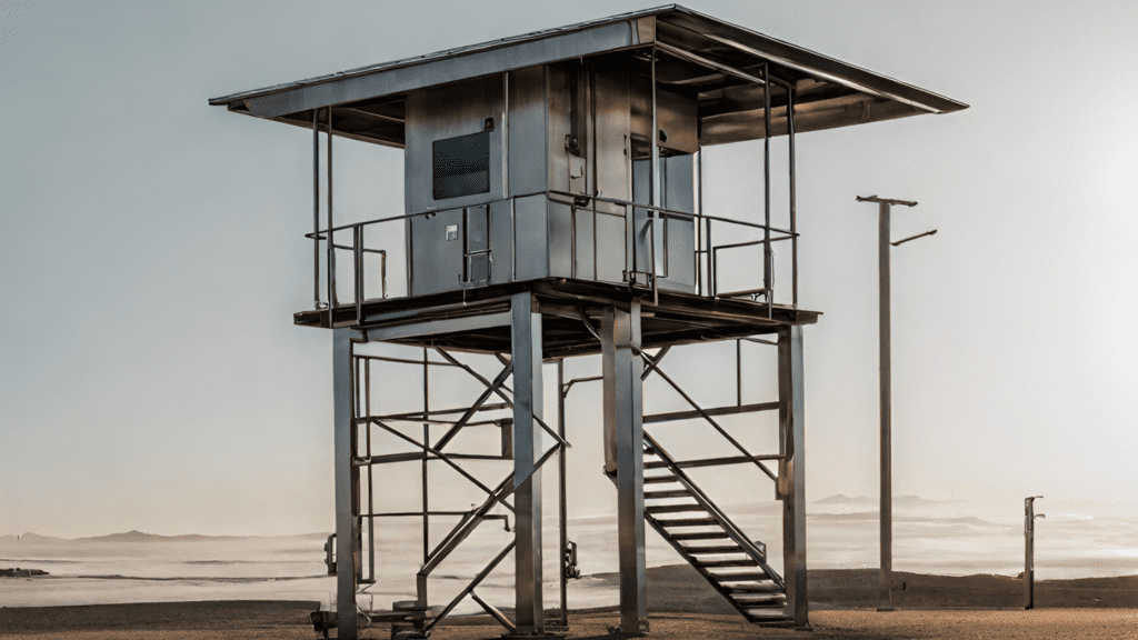 A modern, metal lifeguard tower stands on a beach. It has a staircase leading up to a small enclosed cabin, supported by sturdy steel beams. The background features a misty horizon over the ocean, with soft light illuminating the scene.