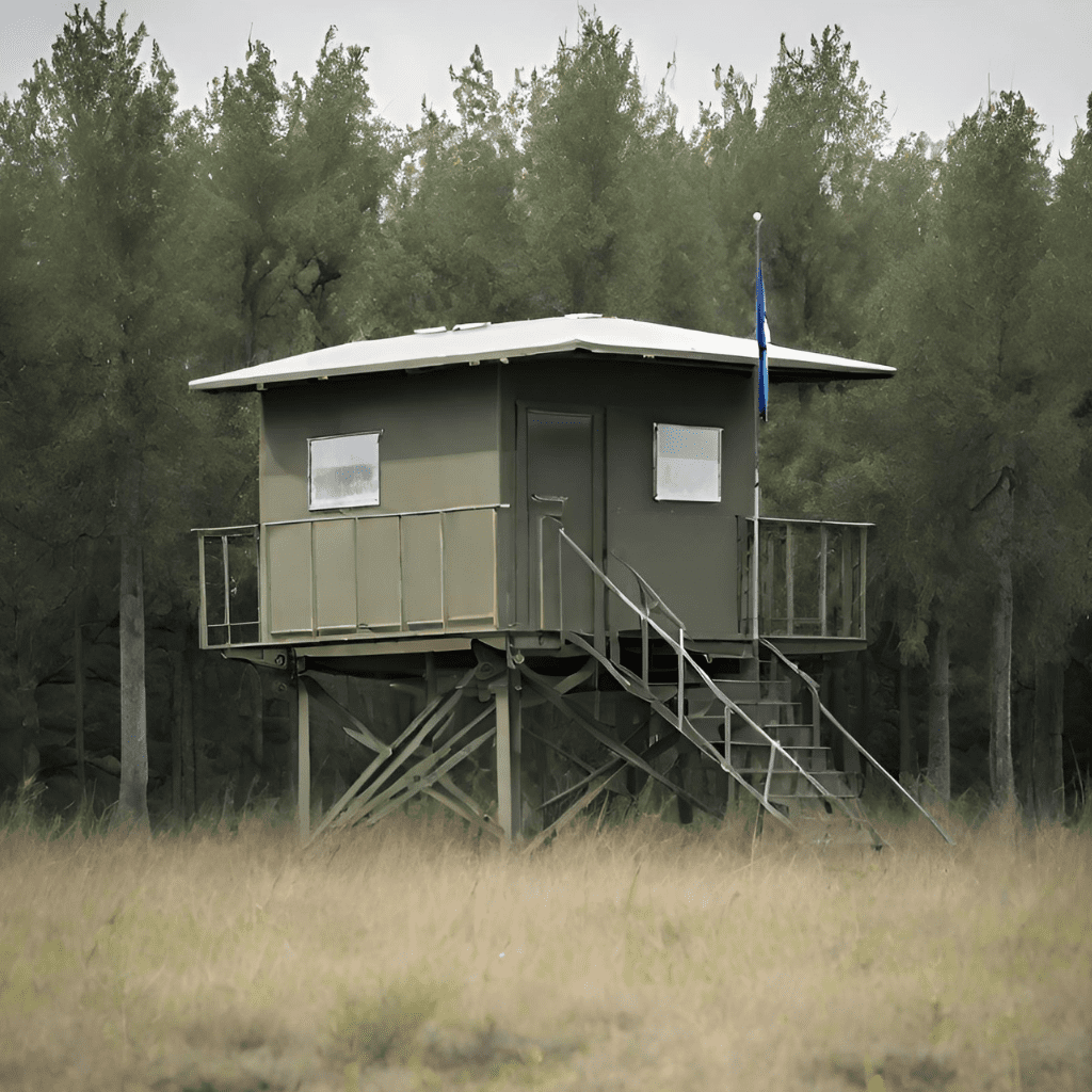 A small, elevated green cabin stands in a grassy field, surrounded by dense trees. The structure has a tin roof, windows, metal stairs leading up to it, and a blue flag on a pole. The sky is overcast.