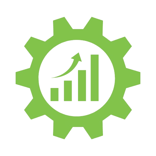 Green gear icon with a bar graph and upward arrow inside, symbolizing growth and progress in warehouse solutions and cost savings.