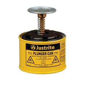 The Justrite Steel Plunger Can, 1 Pt, Yellow, features a spring-loaded lid and safety warnings for safe dispensing of flammable liquids. The label says Justrite Plunger Can along with caution symbols.