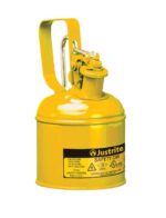 The Justrite Can, Safety, Steel, 1Qt, Yel is a durable steel safety can with a handle and secure spout for storing flammable liquids. It includes a warning label to ensure compliance with safety standards.