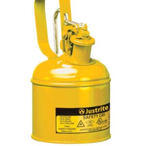 The Justrite Can, Safety, Steel, 1Qt, Yel is a durable steel safety can with a handle and secure spout for storing flammable liquids. It includes a warning label to ensure compliance with safety standards.
