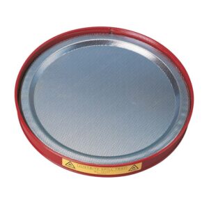 The Justrite Tray, Spill, Stl, 1 Qt Capacity is a round red metal tray with a fine mesh surface and warning label, expertly designed for industrial or lab safety to manage spills effectively.
