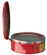 The Justrite Can, Bench, Steel, 2 Qt, Red is a durable red metal container with a hinged lid and circular mesh screen. It has a front handle and a yellow side label, making it an ideal addition to any bench setting.