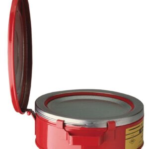 The Justrite Can, Bench, Steel, 2 Qt, Red is a durable red metal container with a hinged lid and circular mesh screen. It has a front handle and a yellow side label, making it an ideal addition to any bench setting.