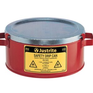 The sturdy red Justrite Can, Drip, Steel, F/Flam features a mesh top and two side handles. A yellow label provides safety warnings and capacity details.