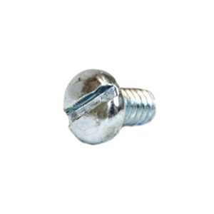 Close-up of a Justrite Gasket Screw, F/Cover: this metal screw features a flat head and slotted drive. Its shiny silver finish shines against the white background, representing precision and quality.