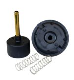 Against a white background, two black plastic caps with one having a brass nozzle are displayed next to two metal springs. The other cap is flipped upside down, showing interior details that resemble Justrite Cover for F/Plunger Can, 1Pt/1Qt specifications.