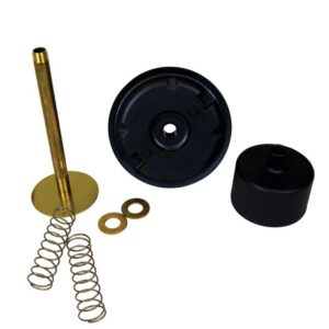 A collection of plumbing parts including a brass valve stem with disc, two metal springs, two washers, and a round black rubber diaphragm are arranged on a white backdrop. A Justrite Cover for Plunger Can (.5Gassy) adds an industrial touch, highlighting the ensembles functionality and design.