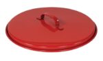 The Justrite Cover for Drain Can, 3G/5G, is a round, glossy red lid with a central handle for easy lifting. Its slightly raised edges ensure a secure fit on pots or pans.