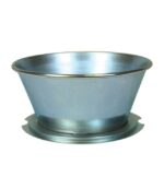 A metallic, conical bowl with a wide rim and narrow base resembles the Justrite Funnel Assembly F/Drain Can, set against a plain white background.