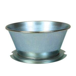A metallic, conical bowl with a wide rim and narrow base resembles the Justrite Funnel Assembly F/Drain Can, set against a plain white background.