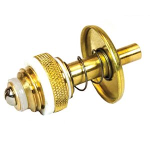 Close-up of a brass thermostatic shower valve with white rings and a metal spring mechanism, reminiscent of the finely crafted Justrite Nozzle Assy, Dispns Can, Brass, set against a pristine white background.