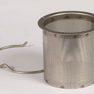 A Justrite Flame Arrester F/Disposal Can, with its metal mesh strainer and cylindrical shape, includes a detachable ring handle. It is elegantly displayed against a plain white background.